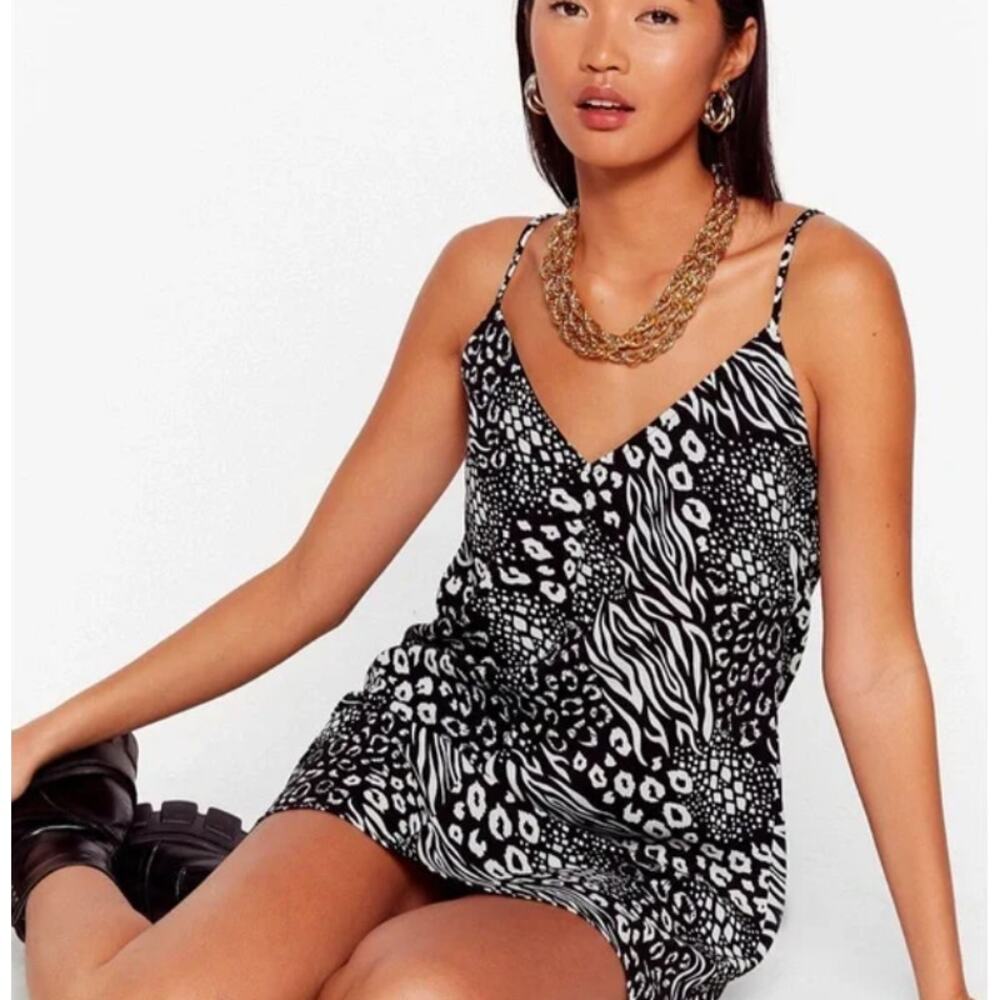 Nasty Gal Black & White Animal Print Mini Slip Dress
